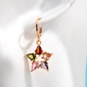 Elegant gold star drop earrings featuring colorful water-drop cubic zirconia for women