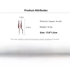 Detailed specs of long rectangle tassel earrings with copper, acrylic and silver needles