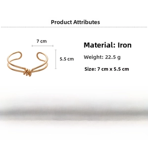 Detail showing dimensions of golden double-layer geometric knot cuff bracelet made of iron