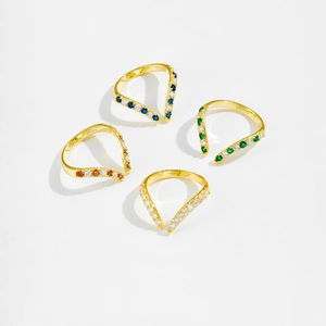 Adjustable S925 sterling silver rings in gold finish with colorful gemstone accents
