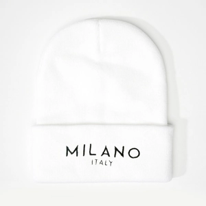 White Milano Italy embroidered knitted beanie hat with stylish folded brim for winter