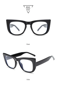 Detail view of large black cat-eye sunglasses showing front and 45-degree side angles