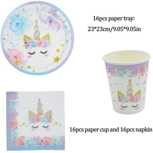 Unicorn themed party tableware set with 16 paper plates, cups and napkins on white background