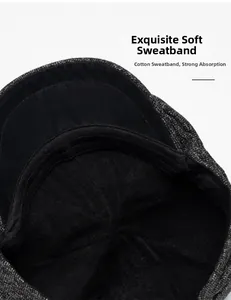 Detail of soft cotton sweatband inside the tweed newsboy cap for sweat absorption