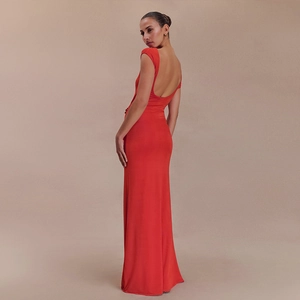 Detailed back view of a slim fit red backless dress showing elegant deep cut design