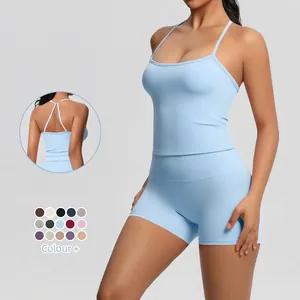 Women's Brushed Backless Yoga Set Quick Dry Slim Fit Sports Vest and High Waist Shorts Activewear Matching Set