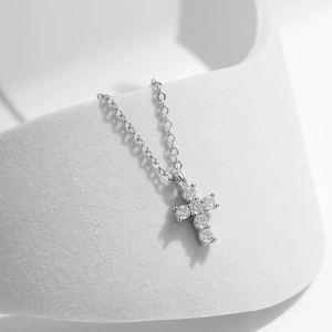 S925 sterling silver cross pendant necklace with white Moissanite stones on O-chain