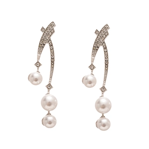 Silver drop earrings with cascading white pearls and crossover diamond-encrusted accents