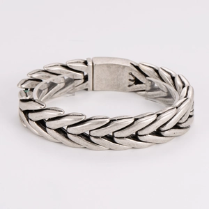 Vintage silver stainless steel woven chain bracelet with industrial square clasp