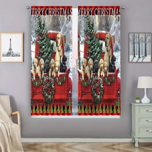 Detailed view of Christmas polyester curtains featuring golden retrievers on a red truck