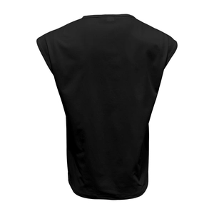 Rear view of a men's black sleeveless athletic gym vest with a breathable mesh texture