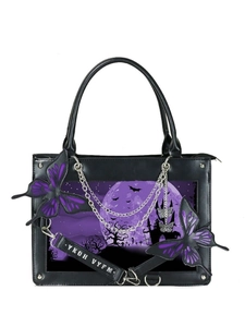 Gothic black leather butterfly tote bag with purple castle moon art and silver chains