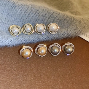 Elegant vintage zircon wrap faux pearl stud earrings in white, gold, and grey colors