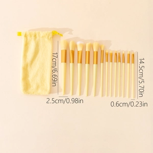 Detailed size chart of 13-piece makeup brush set with yellow storage pouch dimensions
