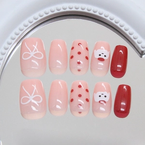 Set di unghie finte carine per ragazze con animali cartoon, pois rossi e fiocchi chic