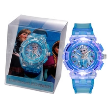 Close-up of blue transparent silicone LED watch with Frozen character print and packaging