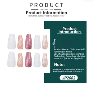 Detail view of 24pcs Christmas press-on nails with snowflakes, glitter and heart patterns