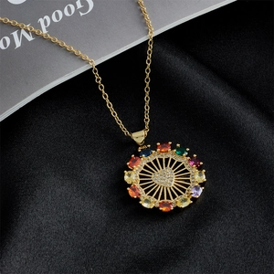 Luxurious 18K gold plated necklace with AAA zircon heart and colorful sunburst pendant