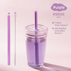 Detailed set of 450ml purple Tritan cup with two straws and a stainless steel cleaning brush