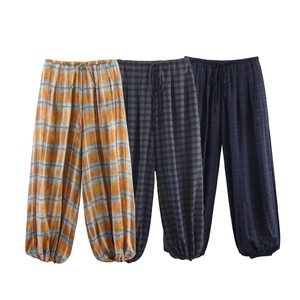 Women Plaid Lantern Pants High Waist Polyester Elastic Drawstring Waist Cuffed Ankle Trousers Casual Streetwear