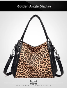 Close-up of leopard print tote bag with black leather trim and gunmetal hardware detail