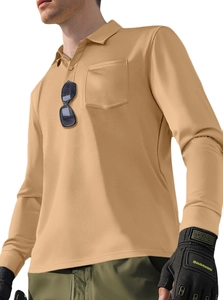 Detail of khaki tactical long sleeve polo shirt showing quick-dry bird eye mesh fabric