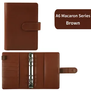 Brown A6 PU leather budget binder notebook with 6-ring binder and card slots