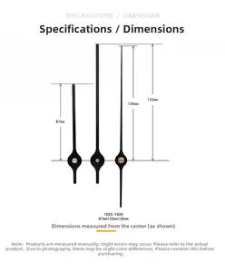 Detailed dimension drawing of black aluminum clock hands with central brass axis and 133mm length