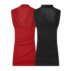 Ruched Bodycon Mini Dress For Women Sleeveless Mesh Patchwork High Neck Elegant Evening Party Fashion Elegant Solid