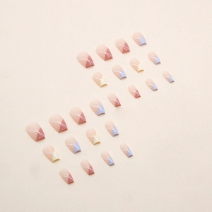 Morandi color geometric press-on nails set in pink, blue and yellow with line patterns