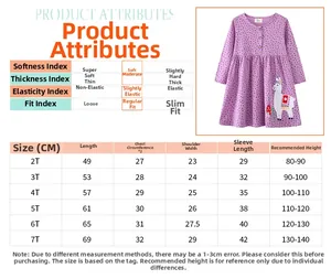 Detailed size guide table for long-sleeved girls' dress with embroidery and polka dots