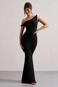 Elegant black one-shoulder slim fit maxi dress with a floor-length evening silhouette