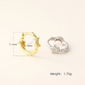 S925 silver star and moon earrings with cubic zirconia, weighing 1.75g and 11.7mm size