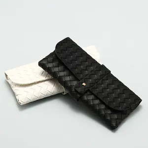 Étui À Lunettes De Soleil En Cuir Tissé Pochette À Lunettes Mince Sac De Rangement En PU Souple Avec Bouton Pression