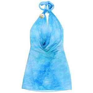Detail of blue tie-dye halter dress with seashell decorative buckle and light texture