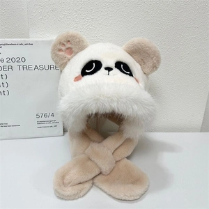Detail showing plush faux rabbit fur texture and cute panda ears on winter hooded scarf