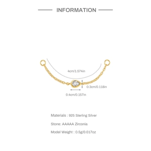 Détail de la boucle d'oreille en argent S925 avec zircon marquise et dimensions de la chaîne