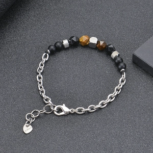 Bracciale da uomo in acciaio inossidabile con perle occhio di tigre e agata nera opaca