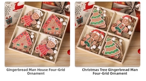 Detail of Christmas wooden ornaments with gingerbread men in a divided storage box