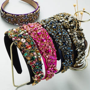 Baroque Wide Headband Rhinestone Glass Crystal Padded Hair Band Vintage Luxurious Banquet Party Hair Accessory For Women