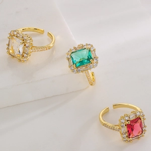 Luxurious 18K gold plated open rings with colorful rectangular zircon gemstones