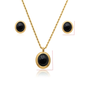 Vintage Stainless Steel Rope Chain Jewelry Set Oval Stone Pendant Necklace And Stud Earrings Set For Women