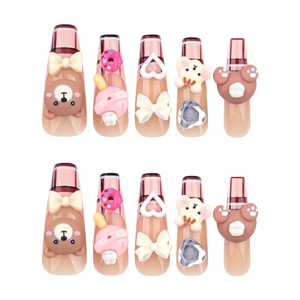 Cute brown plaid press-on nails with 3D cartoon bear and bow accents on white base