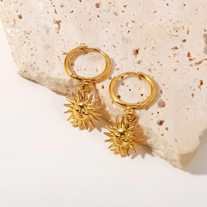 French retro style 18K gold stainless steel hoop earrings with sun face pendant on stone