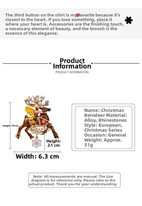 Detail showing colorful enamel Christmas deer brooch with snowflake pendant and measurements