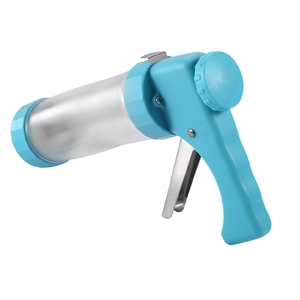 Blue cookie press gun kit with transparent barrel and metal trigger for DIY baking