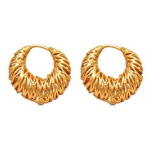 Golden woven hollow geometric hoop earrings with a textured metallic cage design for women
