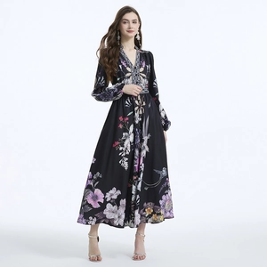 Floral V-neck maxi dress with lantern sleeves and ruffled waist in a black botanical print
