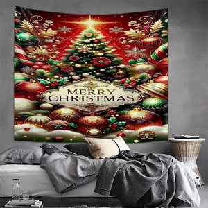 Detailed view of Merry Christmas tapestry featuring a tree and festive decorations on a bedroom wall
