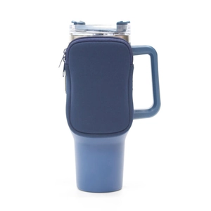 Blue 40oz insulated tumbler with matching neoprene sleeve and convenient zipper pouch